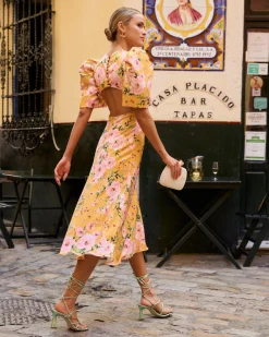 Miphai Vestido Pipa Estampado Floral Amarillo