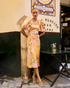 Miphai Vestido Pipa Estampado Floral Amarillo